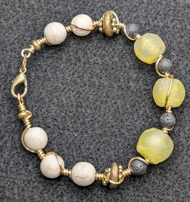 Yellow Sea Glass, Howlite Beaded Wire Wrapped Chunky Bracelet (17cm) S/M Wrist - Image 1 of 4
