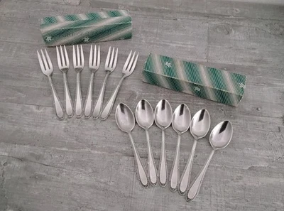 alte WMF  je 6 Kaffeelöffel und Kuchengabel Kreuzband 90er Auflage in orig. Box - Bild 1 von 4