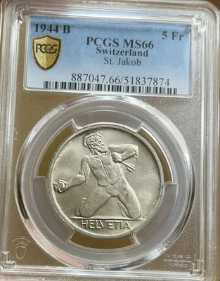 1944 B Switzerland St. Jakob 5 Francs Silve Coin PCGS MS66 -- High Luster - Image 1 of 2