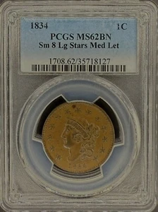 Striking 1834 Large Cent, Small 8 Variety PCGS MS62BN Mint State Brown - Picture 1 of 7
