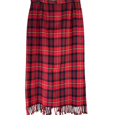 Винтажная шерстяная юбка размер 14 Midi макси бахрома концы красный черный клетку Jaclyn Smith - Изображение 1 из 4