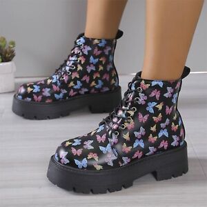 Women's Autumn And Winter Colorful Butterfly Platform Lace Up Ankle Boots