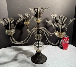 1920's Italy Candelabra Candle Cast Iron Base Iron Macaroni Glass Gothic 15" - Picture 1 of 12