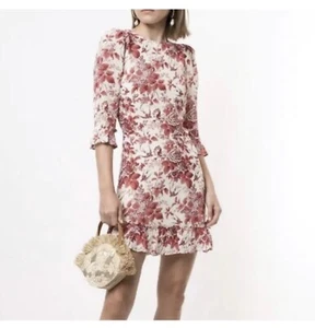 Reformation Doutzen Dress Toile De Jouy Pink White Floral Ruffle Mini 4 - Picture 1 of 5