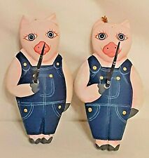 VTG 2 PIGS FISHING Ornaments INDONESIAN Painted Wood Poles NOS 4.25" Overalls