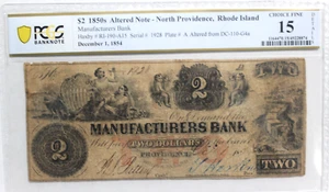 1850'S $2 MANUFACTURERS BANK, RI OBSOLETE ISSUED ALTERED PCGS 15 CHOICE FINE - Picture 1 of 4