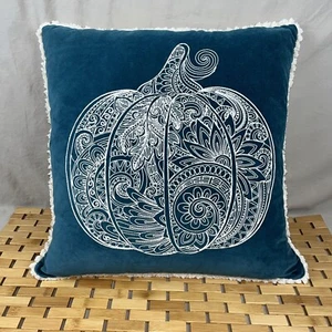 VTG ENVOGUE 20" Sq Cotton Suede THROW PILLOW Turquoise Crewel Pumpkin Motif - Picture 1 of 14