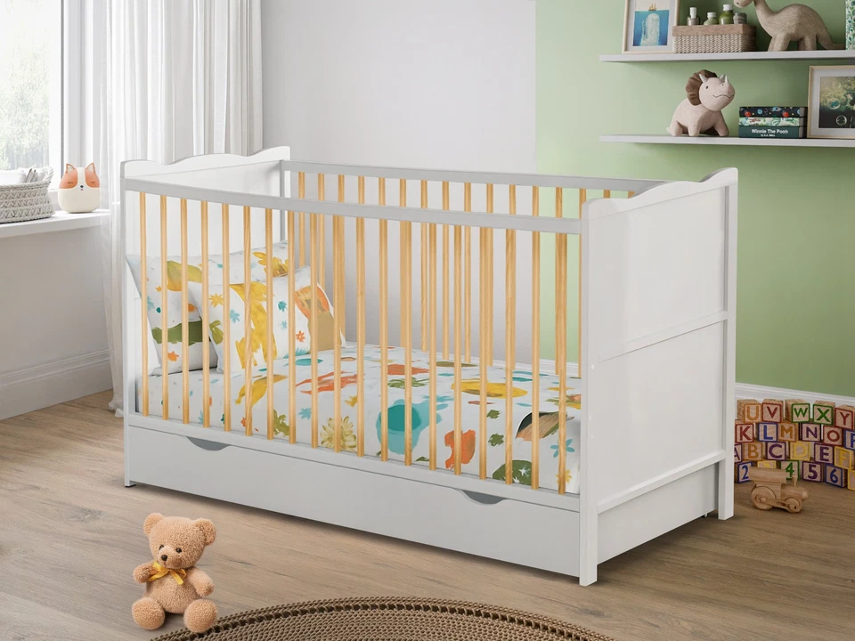 White Baby Cot Bed for Newborn 120x60cm or 140x70cm & Storage Drawer & Mattress - Image 1 of 4