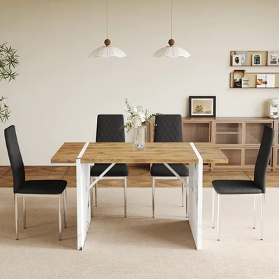 55in Solid Wood Veneer Dining Table 6 Dining Chairs Set Marble Style Table Legs - Image 1 of 4