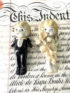 Vintage Biskuit Hochzeit Puppen (Braut & Bräutigam) Gelenkarme Made in Japan 3 Zoll - Bild 1 von 15