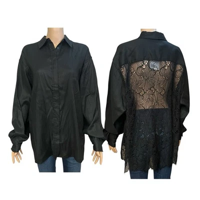 Camisa túnica H&M mezcla de lino encaje espalda pequeña de gran tamaño negra con botones informal Foto 1 de 4