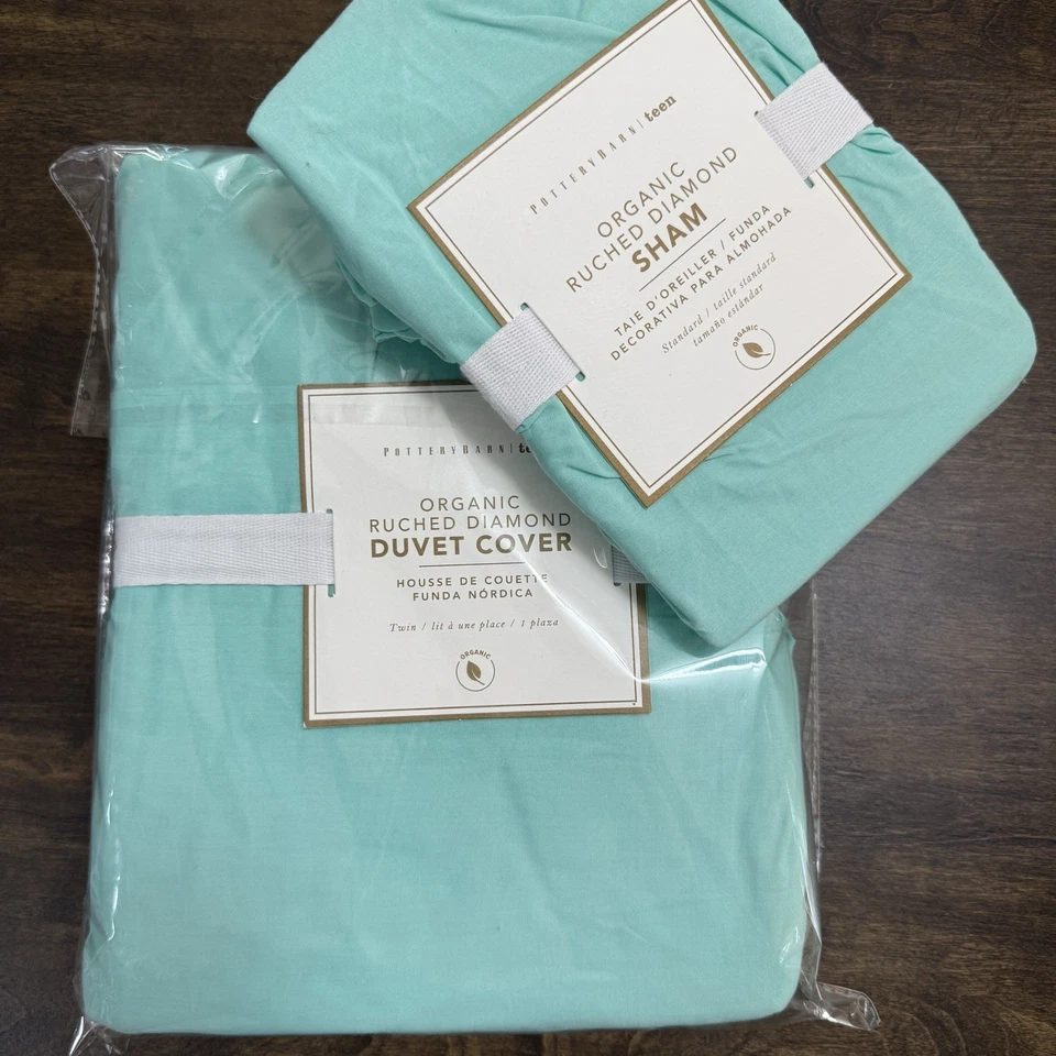 POTTERY BARN TEEN 2 件有机褶皱钻石双座潜水衣套和护罩套装 ~ TEAL — 第 1/1 张图片