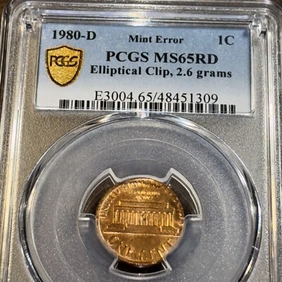 lincoln cent error 1980 D Pcgs Ms 65 Red Elliptical Clip Only 2.6 Grams Gem Red - Image 1 of 4
