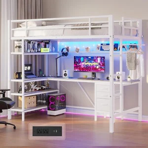 Twin Metal Loft Bed Frame with L-Shaped Desk & LED Lights Loft Bed Frame White - Picture 1 of 6