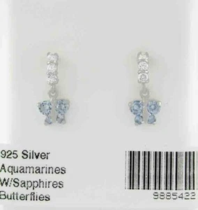 LAB CREATED AQUAMARINE & WHITE SAPPHIRE DANGLE EARRING .925 Silver - Screw back - Picture 1 of 3
