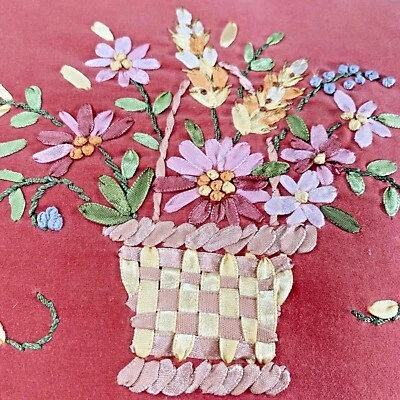 Vintage Pink Embroidered Pillow Cover 13" Square Floral Flower Basket Cotton Zip - Image 1 of 4