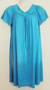Vintage Blue Nightgown Short Sleeve Womens L Large Nylon Embroidered Retro USA - Picture 1 of 5