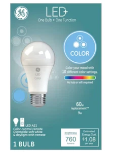 GE LED Smart Bulb 60W 760 Lumens A21 Dimmable 10 Different Colors Light Bulb+RC - Picture 1 of 6