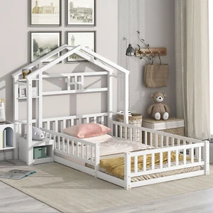 Twin House Shape Headboard Floor Bed with Guardrails, Slats Support, Nightstand - Picture 1 of 11
