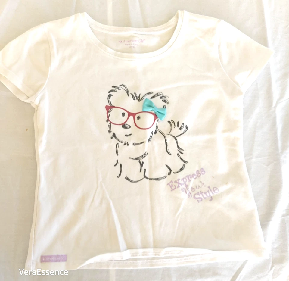 AMERICAN GIRL WHITE T-SHIRT Doggy Applied Bow EXPRESS YOUR STYLE SZ S (7/8) - Image 1 of 4