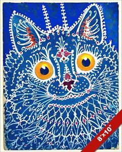 BLUE KITTY WITH BIG YELLOW EYES LOUIS WAIN PAINTING CAT ART REAL CANVAS PRINT