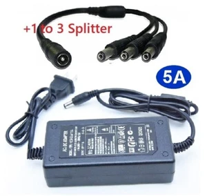 12V 5A AC/DC Adapter for Home Electronics with 1-to-3 Splitter 5.5x2.1mm Plugs - Picture 1 of 11