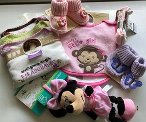 Lot Baby Bodysuits, Minnie Stroller toy, socks and booties, Bibs all NWT! - Picture 1 of 6