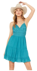 Shyanne Women Lined Halter Dress Cami Embroidery Lace Teal Blue size XL - Picture 1 of 2