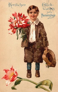 Happy Birthday Boy with a Bunch of Lilies Vintage Postcard B272 - Picture 1 of 2