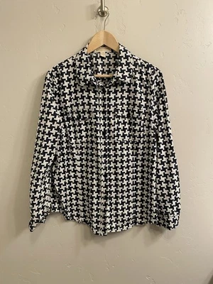 Blusa Michael Kors Talla XL Azul Marino y Blanco Estampado Geométrico Algodón Pestaña Enrollable Foto 1 de 4