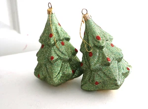 Pair of 4" Christmas Tree Shaped Ornaments Green Glitter Acrylic Gold Caps NEW - Picture 1 of 4