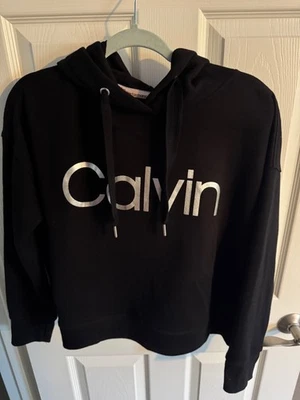 Calvin Klein Women’s Black Cotton Blend Big Logo Drawstring Hoodie Size Large - Image 1 of 4