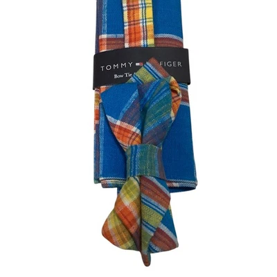 TOMMY HILFIGER Cotton BOW TIE & POCKET SQUARE Set Designer PLAID Blue/Multi NWT - Image 1 of 2