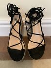 NWOB Size 4 Strappy Strap  Lace Wedge High Sandal Cork Cream Black Holiday Shoe