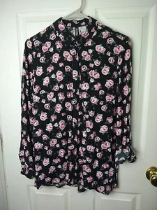 Divided woman 6 blouse Black Pink Rose Collared Button Roll Tab Sleeve - Picture 1 of 7