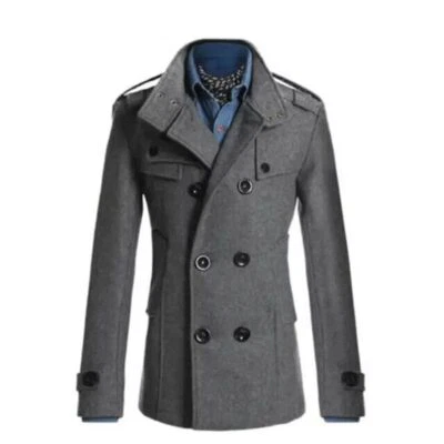 Chaqueta larga de lana de invierno para hombre gabardina de doble botonadura abrigo cálido ropa exterior Foto 1 de 4