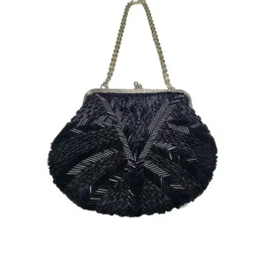 Vintage Black Beaded Evening Purse Silver Kiss-Lock Hinge Prom Clutch Adjustable - Picture 1 of 16