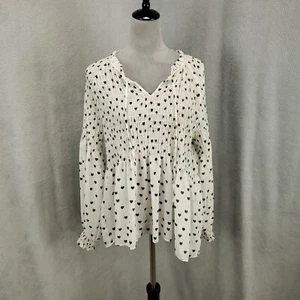 Rose & Olive Blouse Womens Large Little Ditsy Hearts Allover White Smocking - Picture 1 of 12