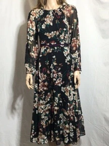 Women's NWOT Tommy Hilfiger Long Sleeve Chiffon Floral Print Midi Dress Size 2 - Picture 1 of 8