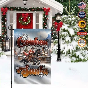 Santa Cowboy Christmas Flag, Santa Riding Horse Double Sided Garden House Flag - Picture 1 of 2