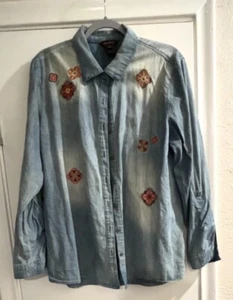 MULTIPLES WOMEN’S Denim Jean Button Down SHIRT  Embroidered SIZE X-LARGE - Picture 1 of 10