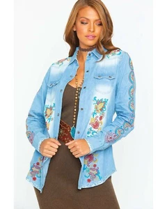 Tasha Polizzi Damen besticktes Billie Shirt jeansblau Baumwolle Größe S, M Neu mit Etikett - Bild 1 von 6