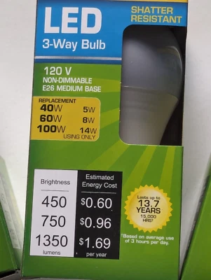 3-Way LED Light Bulbs 40-60-100W SOFT White  450-750-1350 Lumens 4 Pack New - Image 1 of 4
