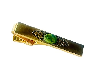 Vintage Gold Tone Tie Clip- Green Jade Stone - Image 1 of 4