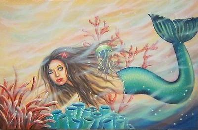 NIXE AM KORALLENRIFF II  115cmx75cm Meerjungfrau Bild Kunst Fantasy Leinwandbild - Bild 1 von 3