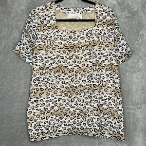 Alfred Dunner 2X Shirt Top Brown Cheetah Print Short Sleeve Square Neck Stretch - Picture 1 of 6