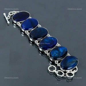 Valentines Deal Blue Fire Labradorite Stone 925 Sterling Silver Chain Bracelet - Picture 1 of 6