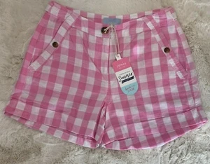 Neu mit Etikett Joules Damen 4 Seaside Lydia pink weiß kariert Gingham Leinenmischung Shorts - Bild 1 von 9