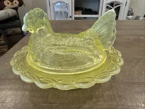 Vintage Mosser Glass Vaseline Opalescent Edges Chicken Dish 6-1/2” Glows - Picture 1 of 20