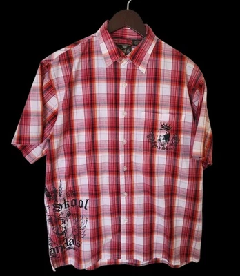 Old Skool Urban Wear Red Plaid Short Sleeve Button Up Shirt Mens M Skull Graphic - Image 1 of 4